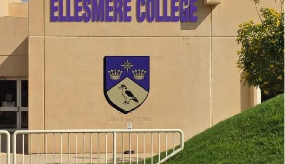 Ellesmere College Riyadh building entrance with school name and crest, showcasing a welcoming educational environment in Saudi Arabia.
